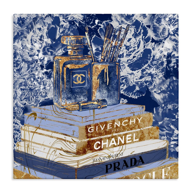 Stupell Industries Fashion Book Pile Glam Designer Accessories Blue Gold, Designed by Ziwei Li Wall Art, 24 x 24, Canvas - Image 1